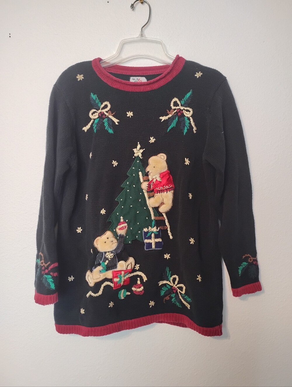 Nutcracker Teddy Bear Presents Christmas Festive Bow Embroidered Sweater